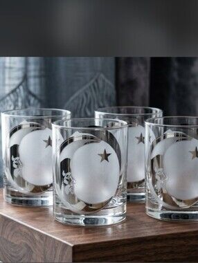 RARE SIGNED Culver Silver Man in the Moon Glasses - Set of 4 | Vintage MCM